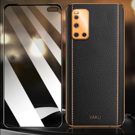 Vaku ® 2In1 Combo Vivo V19 Luxemberg Leather Stitched Gold Electroplated Case with 9H Shatterproof Tempered Glass
