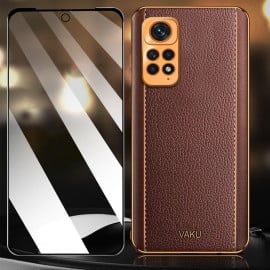 Vaku ® 2In1 Combo Redmi Note 11S Luxemberg Leather Stitched Gold Electroplated Case with 9H Shatterproof Tempered Glass