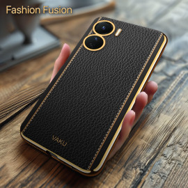 Vaku ® Vivo Y16 Luxemberg Series Leather Stitched Gold Electroplated Soft TPU Back Cover