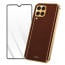 Vaku ® 2In1 Combo Samsung Galaxy A22 4G Luxemberg Leather Stitched Gold Electroplated Case with 9H Shatterproof Tempered Glass
