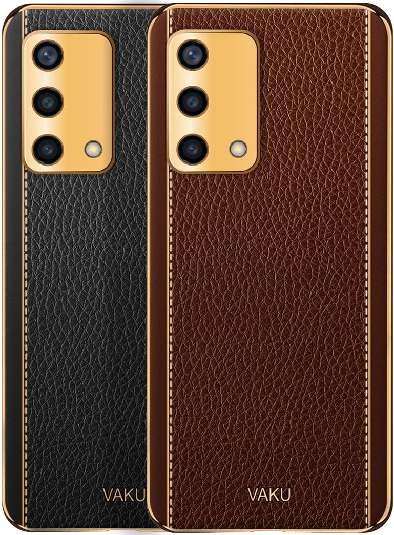 Vaku ® Oppo A74 4G Cheron Leather Stitched Gold Electroplated Soft TPU –